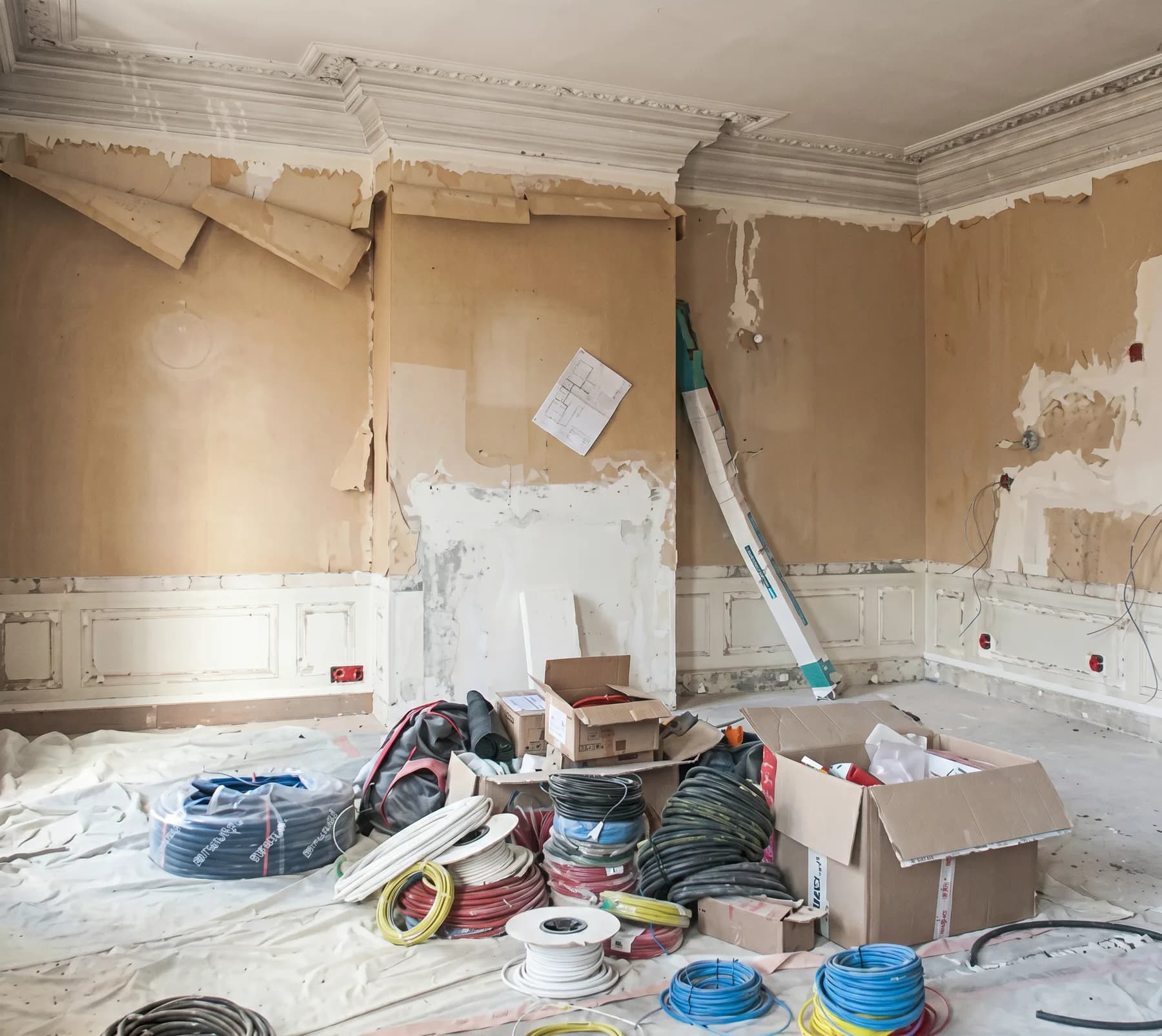 Rénovation totale, séjour et cuisine — avant travaux